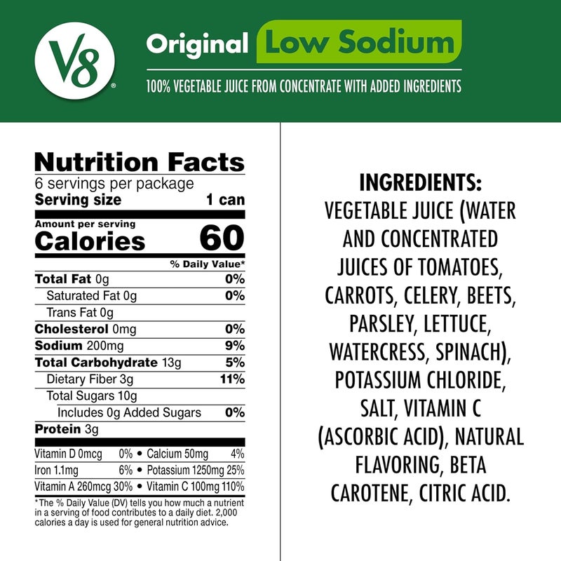 V8 Original Low Sodium 100% Vegetable Juice, 11.5 fl oz Can (6 Pack) - Image 5